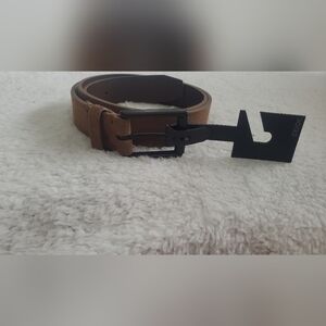 Express Design Studio Genuine Leather Brown Belt Black Square Buckle for Denim
